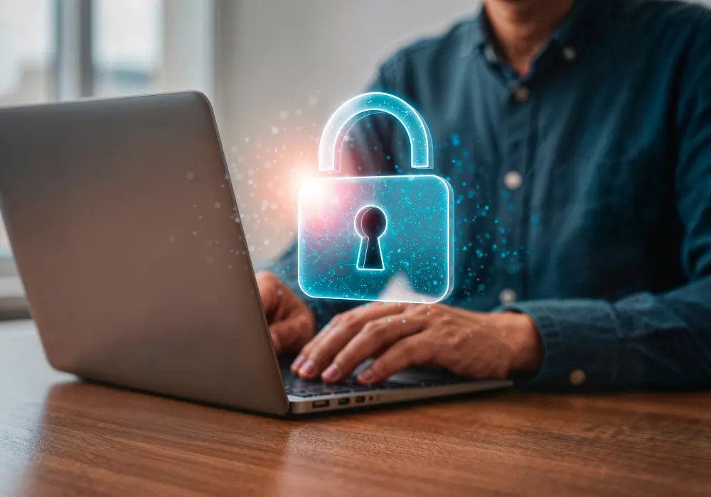 Protegendo dados online, laptop e ícone de cadeado